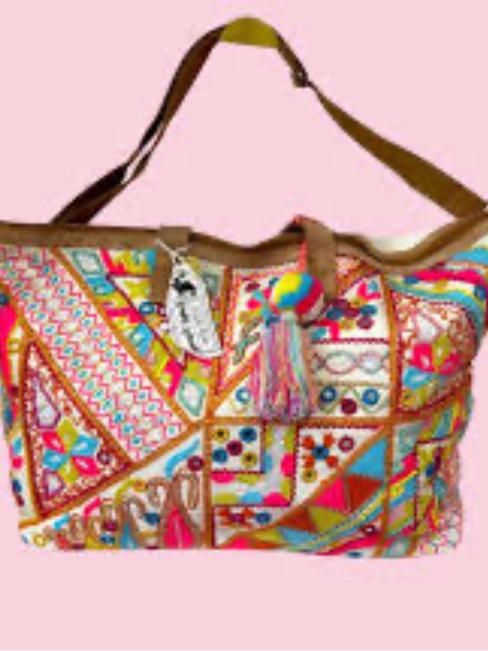 Camel Threads Multicolor Embroidered Patchwork Weekender Travel Tote w feet XL
